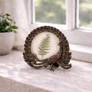 Antique Peacock Design Round Photo Frame With Gem Accents 4 Inches Bronze Finish